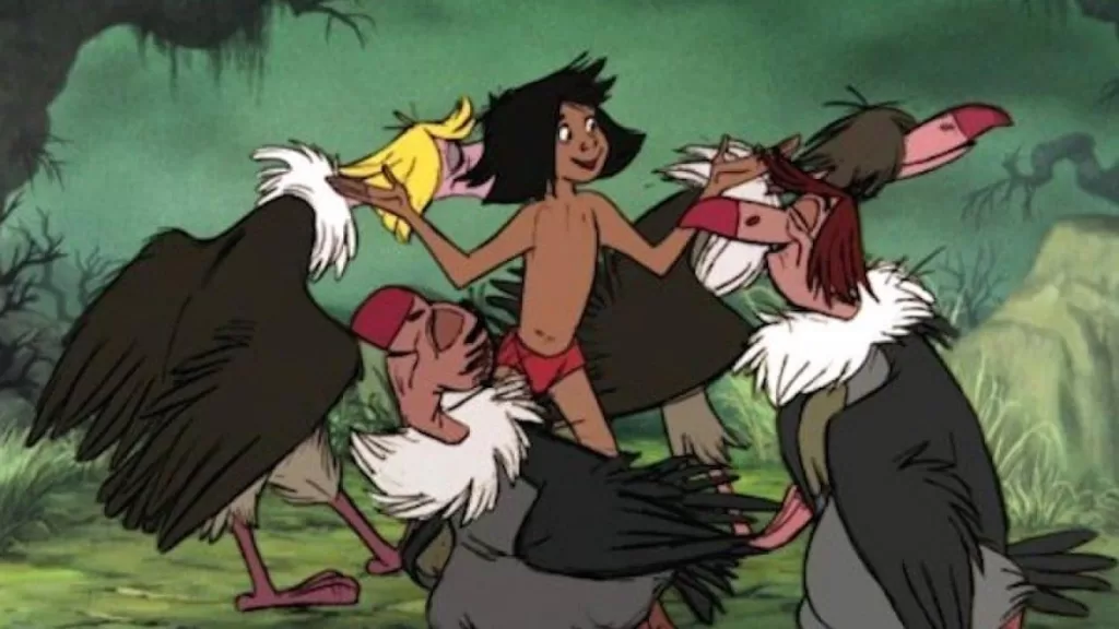 Mowgli e gli avvoltoi. Fotogramma de: Il libro della giungla 1967 © Wolfgang Reitherman/The Walt Disney Company